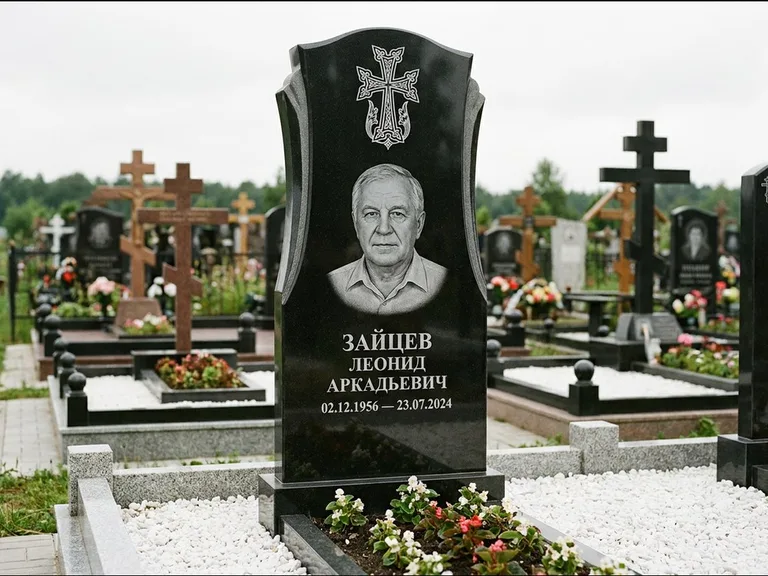 Памятник из чёрного гранита — семейная стела на двоих с армянским хачкаром, работа «Журавлёв» в Челябинске