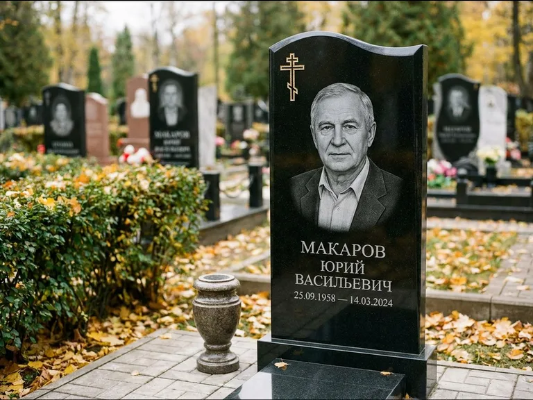 Памятник из чёрного гранита — фигурная стела с киот-нишей с процветшим крестом с виноградной лозой, работа «Богданов» в Челябинске