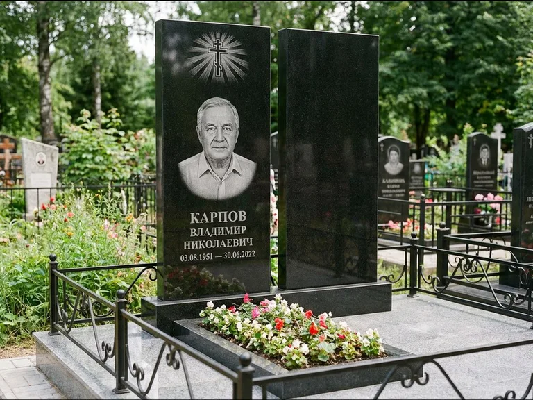 Памятник из чёрного гранита — ступенчатая стела с золочёным крестом, работа «Панкратов» в Челябинске