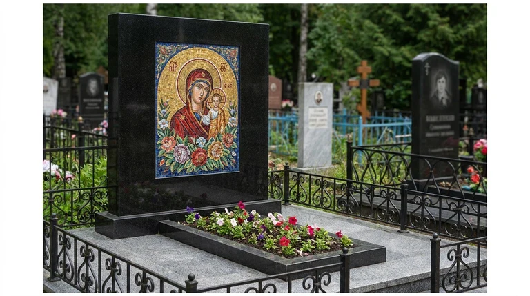Мозаика на памятник в Челябинске — цветное панно из смальты на чёрной гранитной стеле