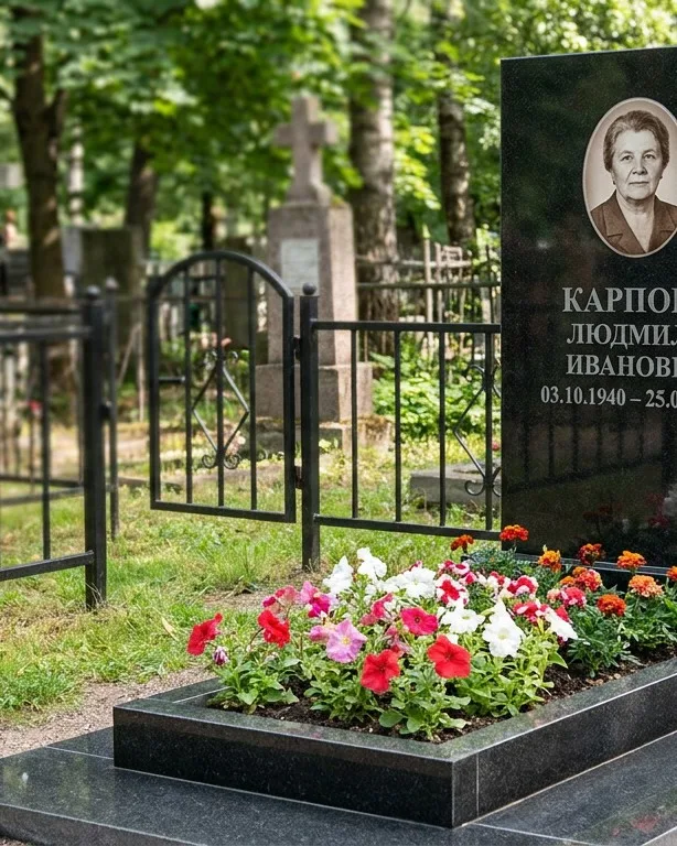 Памятник под ключ с низкой оградой и цветником в Челябинске