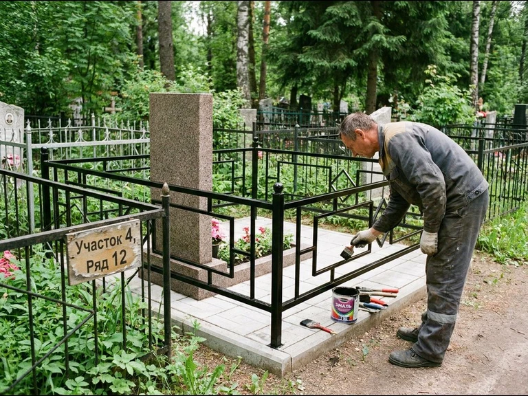 Покраска оградки на кладбище в Челябинске — мастер красит металлическую ограду на могиле чёрной эмалью