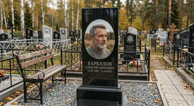 Овальный портрет на стекле на чёрной гранитной стеле в Челябинске