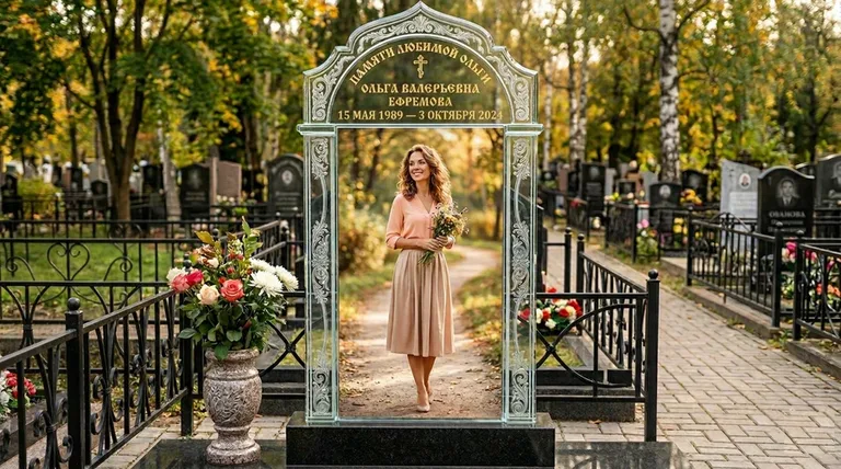 Портрет на стекле в форме арки на памятнике в Челябинске