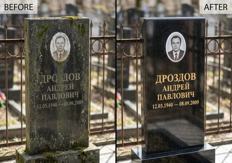 Чистка и полировка гранитного памятника: до и после в Челябинске