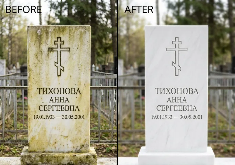 Восстановление мраморного надгробия от желтизны: до и после в Челябинске