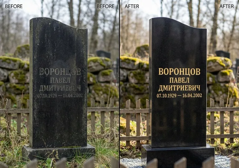 Золочение и обновление надписей на памятнике: до и после в Челябинске