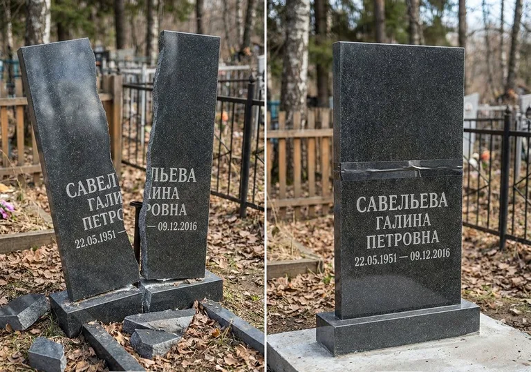 Склейка расколотого гранитного памятника: до и после в Челябинске