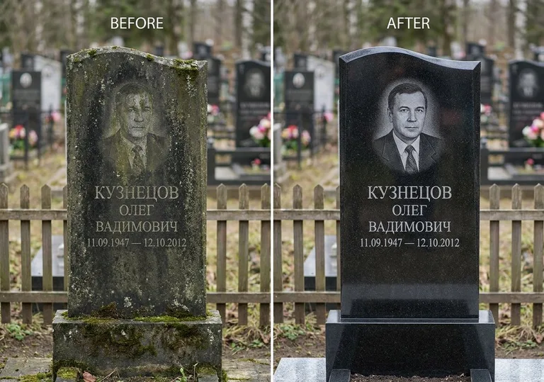 Реставрация гранитного памятника: до и после чистки и полировки в Челябинске