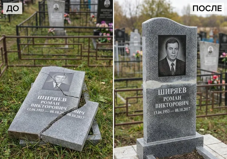 Обновление золочёных букв на граните: до и после в Челябинске