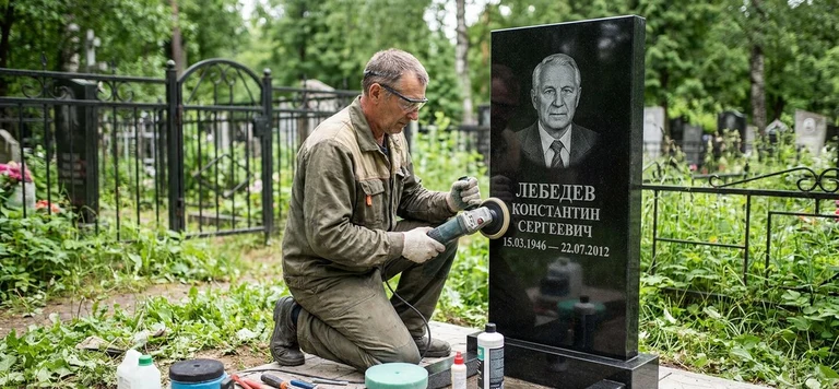 Реставрация памятника в Челябинске — восстановление гранита, заделка трещин и обновление надписей на кладбище