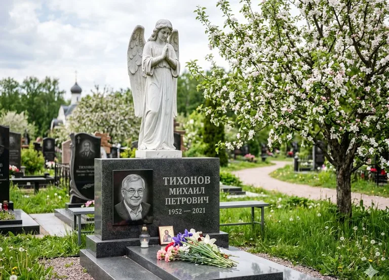 Мраморный молящийся ангел на гранитном памятнике весной в Челябинске