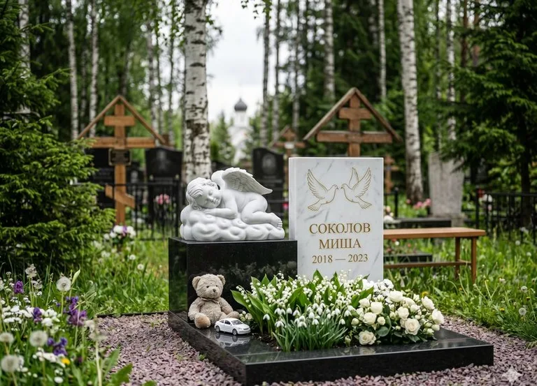 Белый ангелочек на детском памятнике в Челябинске