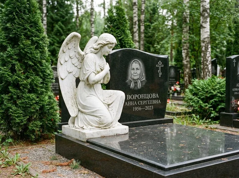 Белый мраморный ангел на гранитном памятнике в Челябинске