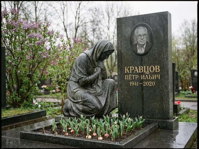 Гранитная скорбящая фигура у стелы на кладбище в Челябинске