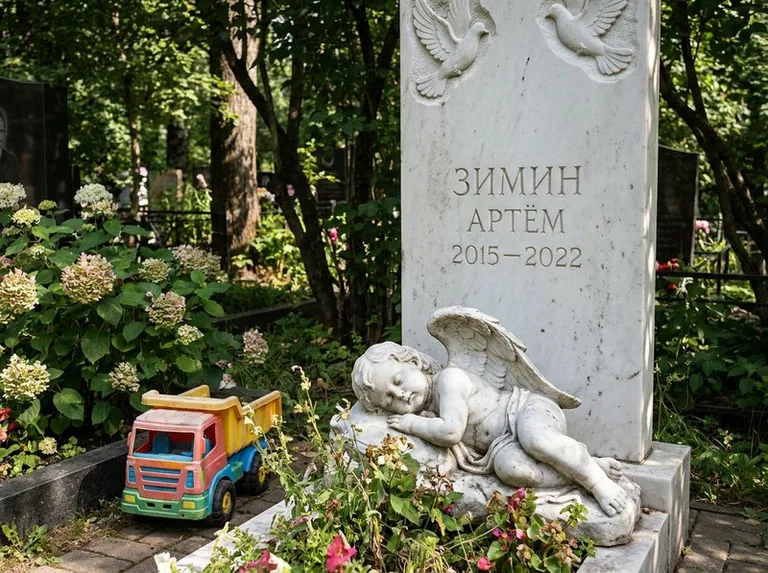 Спящий ангелочек на детском памятнике в Челябинске