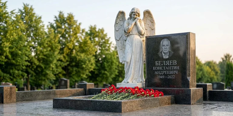 Скульптура на памятник в Челябинске — мраморный ангел на гранитном мемориале