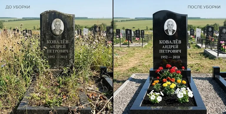 Уборка могилы до и после — ухоженный участок в Челябинске