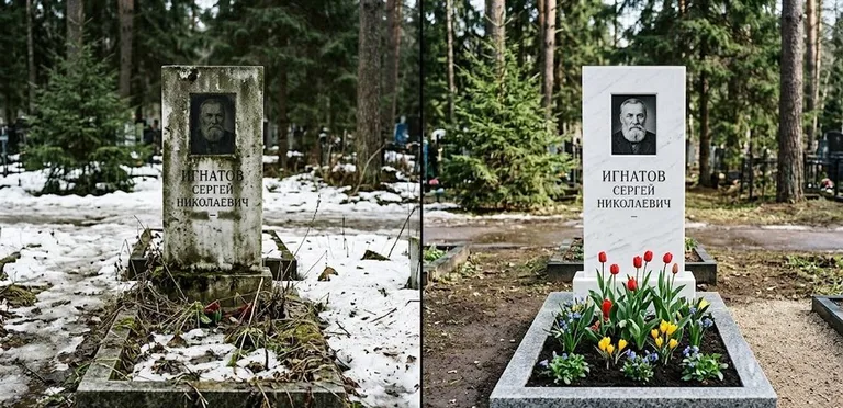 Диптих №6: высадка хризантем у подножия серого гранита — до и после уборки в Челябинске