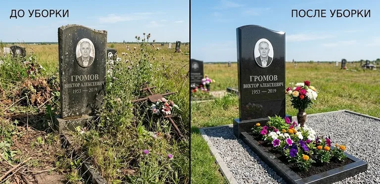 Уборка участка с обелиском до и после в Челябинске