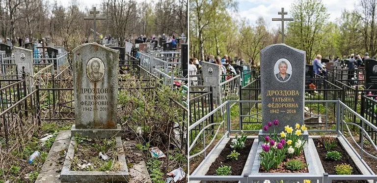 Диптих №4: свежепокрашенная серебром оградка и отмытый красный гранит — до и после в Челябинске