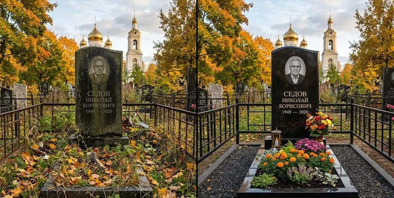 Уборка могилы до и после осенью — у церкви в Челябинске
