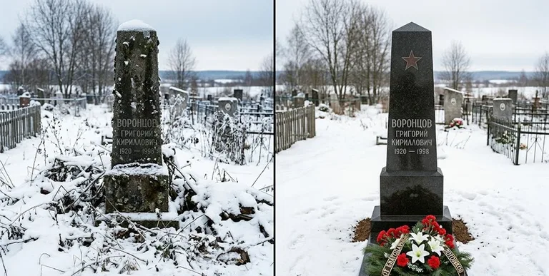 Уборка могилы до и после зимой — воинский обелиск в Челябинске