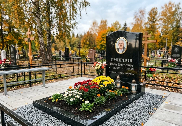 Ухоженная могила после уборки и мойки памятника в Челябинске