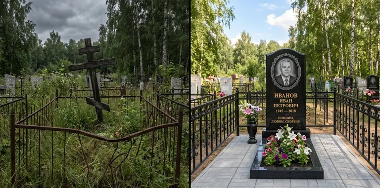 Благоустройство могилы до и после установки памятника в Челябинске