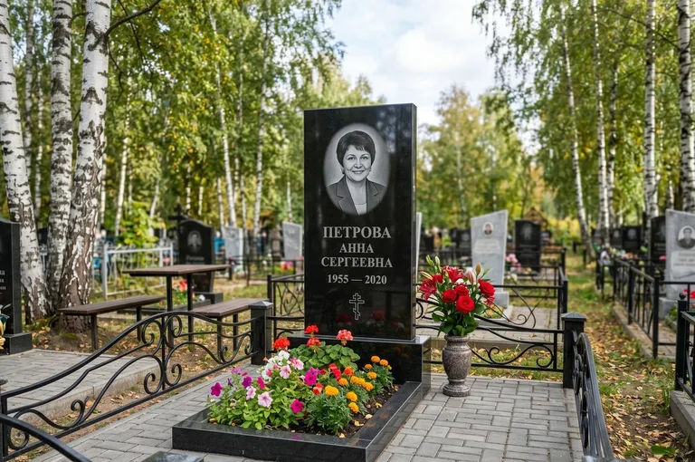 Гранитный памятник с цветником и плиткой в Челябинске