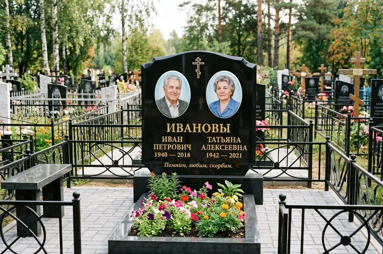 Установленный гранитный памятник с цветником и благоустройством в Челябинске