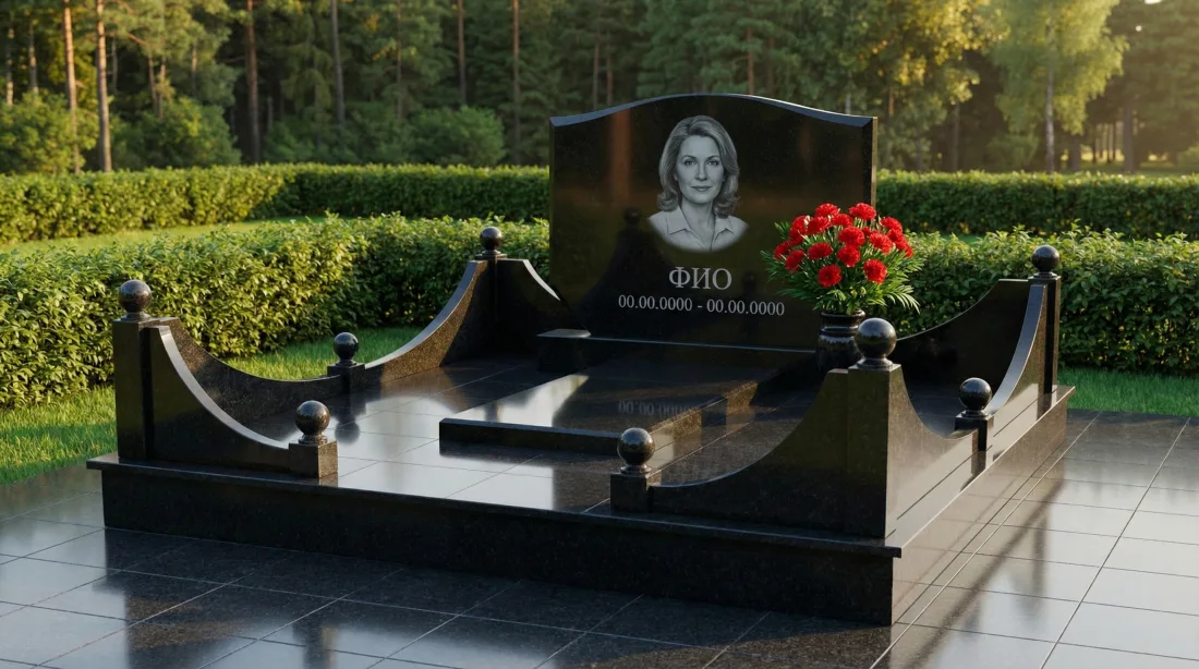 Памятник маме из чёрного гранита, горизонтальная стела с портретом, полукруглые тумбы с шарами, красные розы Памятник маме из чёрного гранита, горизонтальная стела с портретом, полукруглые тумбы с шарами, красные розы