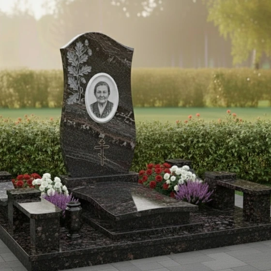 Мемориал с ветвью и овальным портретом, гранит амфиболит