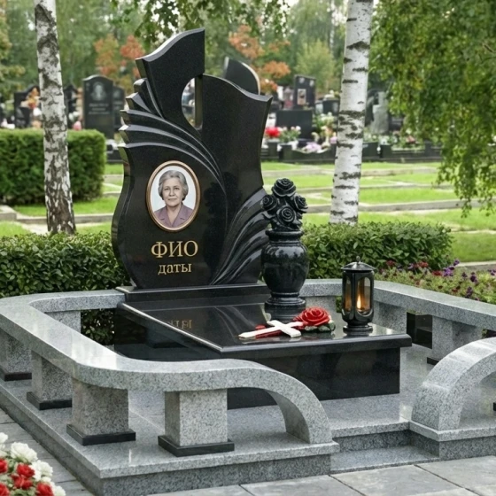 Элитный гранитный памятник с пламенем и розами, гранит Габбро-диабаз