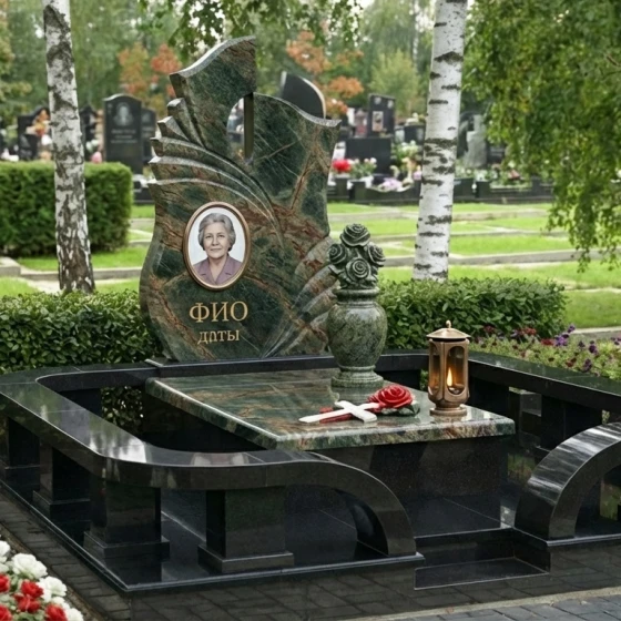Элитный гранитный памятник с пламенем и розами, гранит Балтик грин