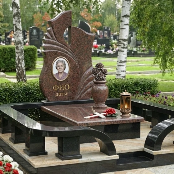 Элитный гранитный памятник с пламенем и розами, гранит Дымовский
