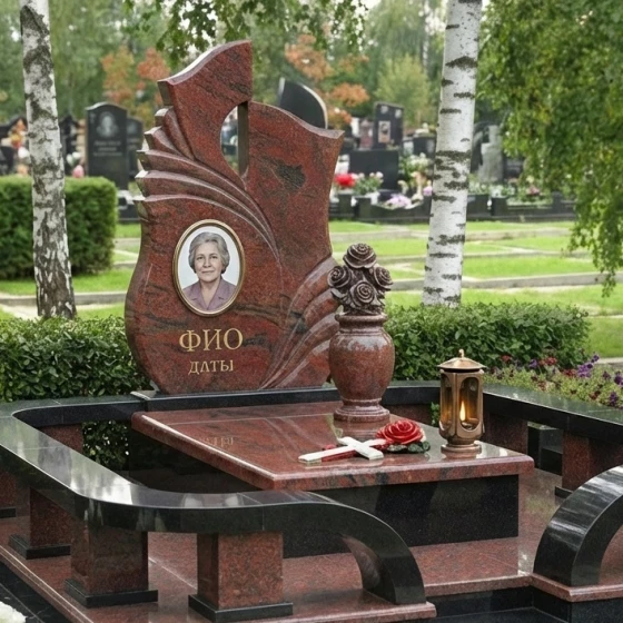 Элитный гранитный памятник с пламенем и розами, гранит Лезниковский