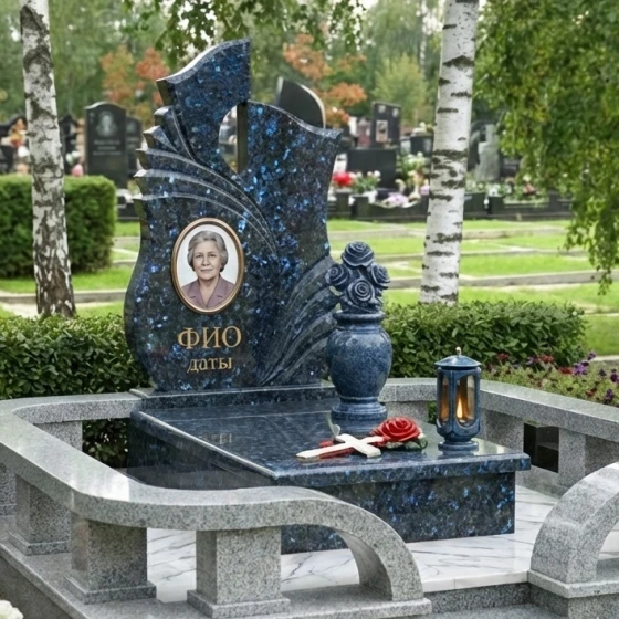 Элитный гранитный памятник с пламенем и розами, гранит Блю Перл
