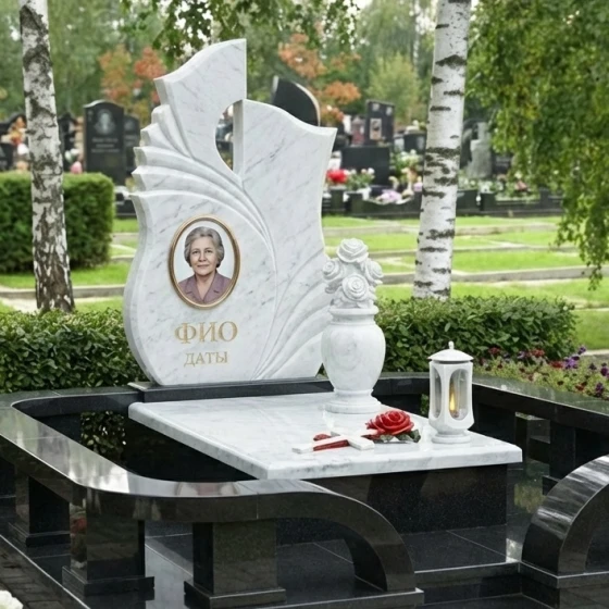 Элитный гранитный памятник с пламенем и розами, мрамор Тассос