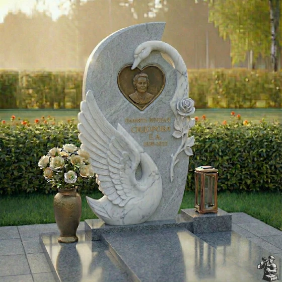 Мемориал с лебедем и розой, комбинированный, гранит Мансуровский