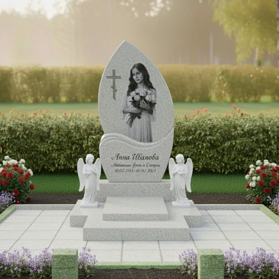 Православный памятник с ангелами и волной, гранит Мансуровский