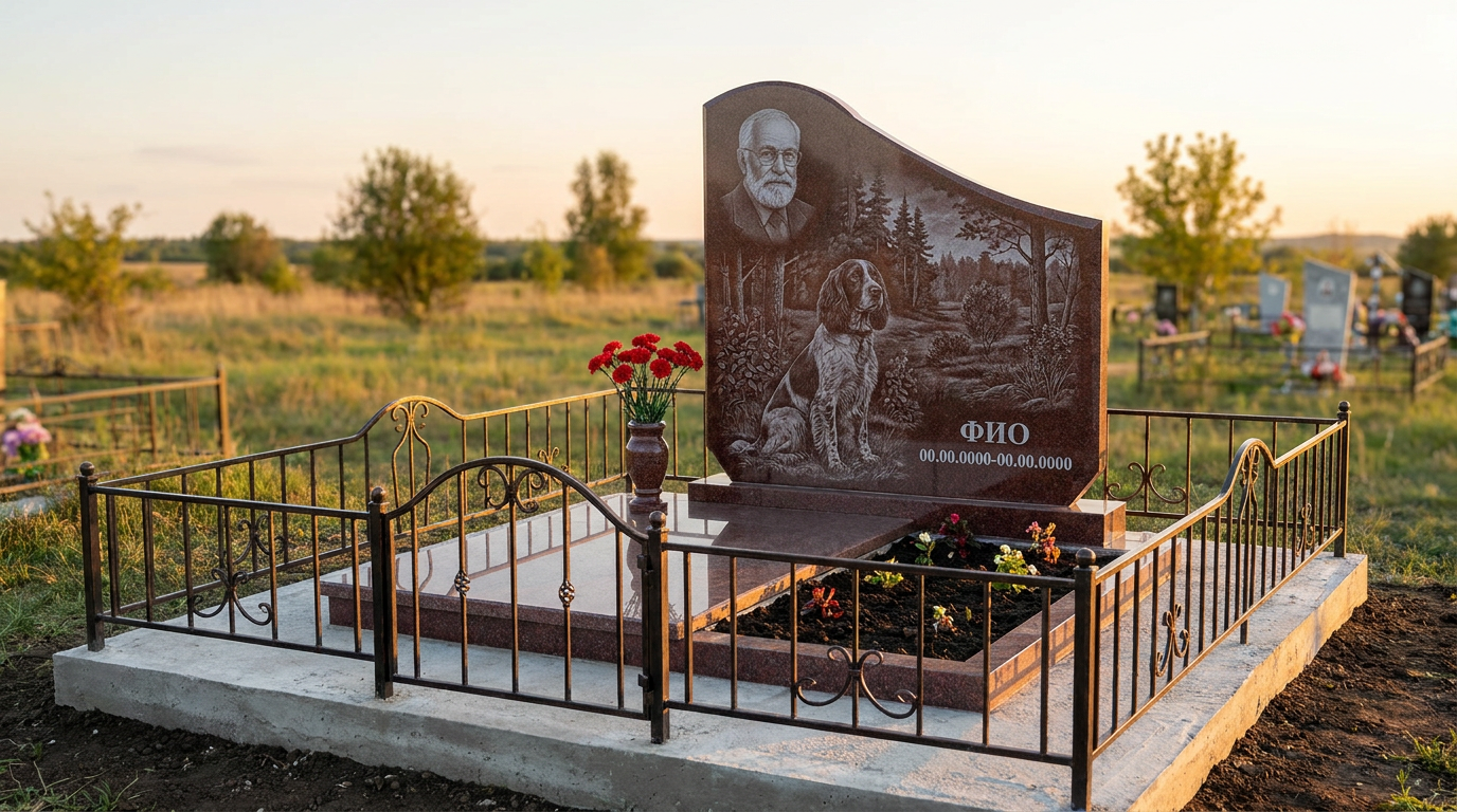 Пример дизайна: Гранитный памятник охотнику в форме арки с охотничьим трофеем