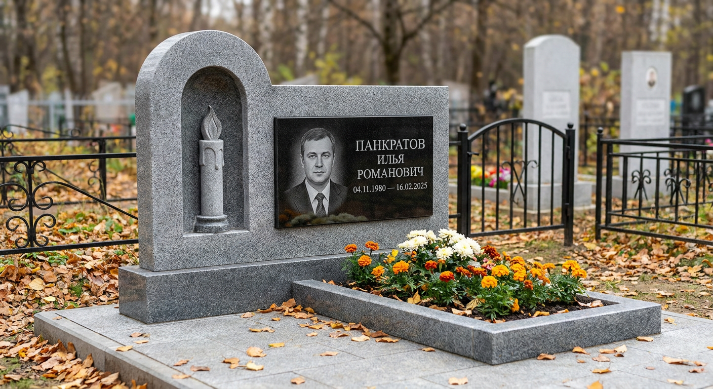 Пример дизайна: Мемориал с зажженной свечой из мансуровского гранита