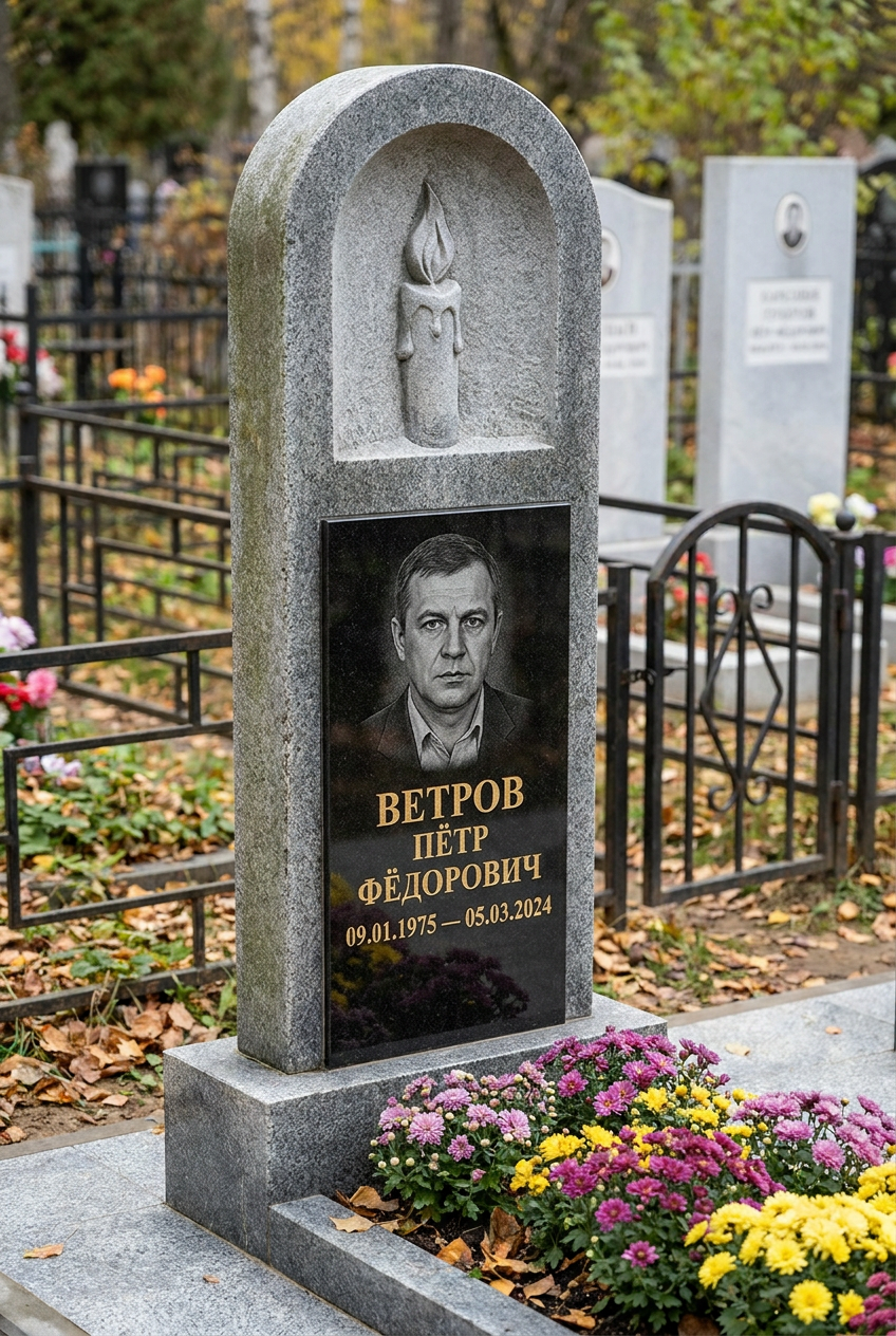 Пример дизайна: Памятник со свечой из мансуровского гранита с арочной нишей