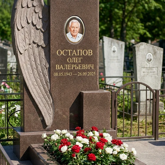 Гранитный памятник фигурный из красного гранита с гравировкой ангела и голубя