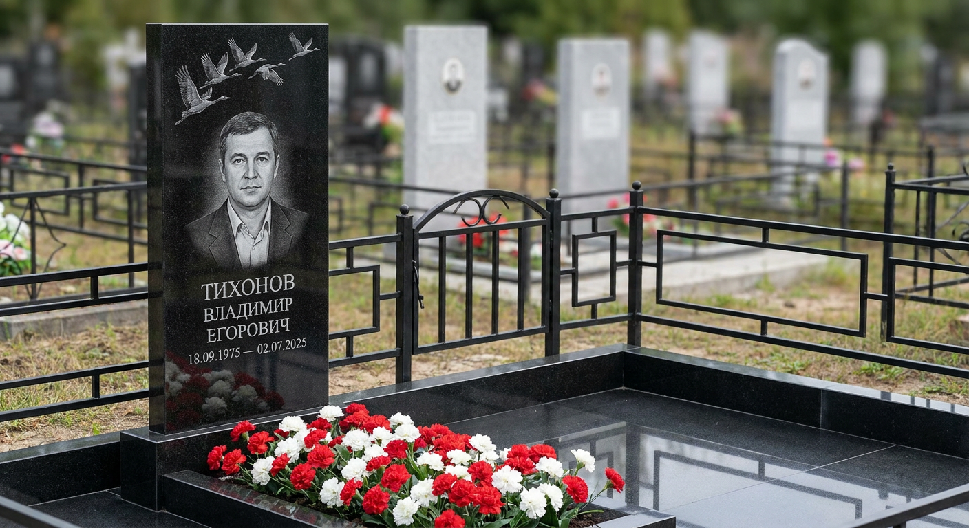 Пример дизайна: памятник с журавлями из черного габбро-диабаза с портретом