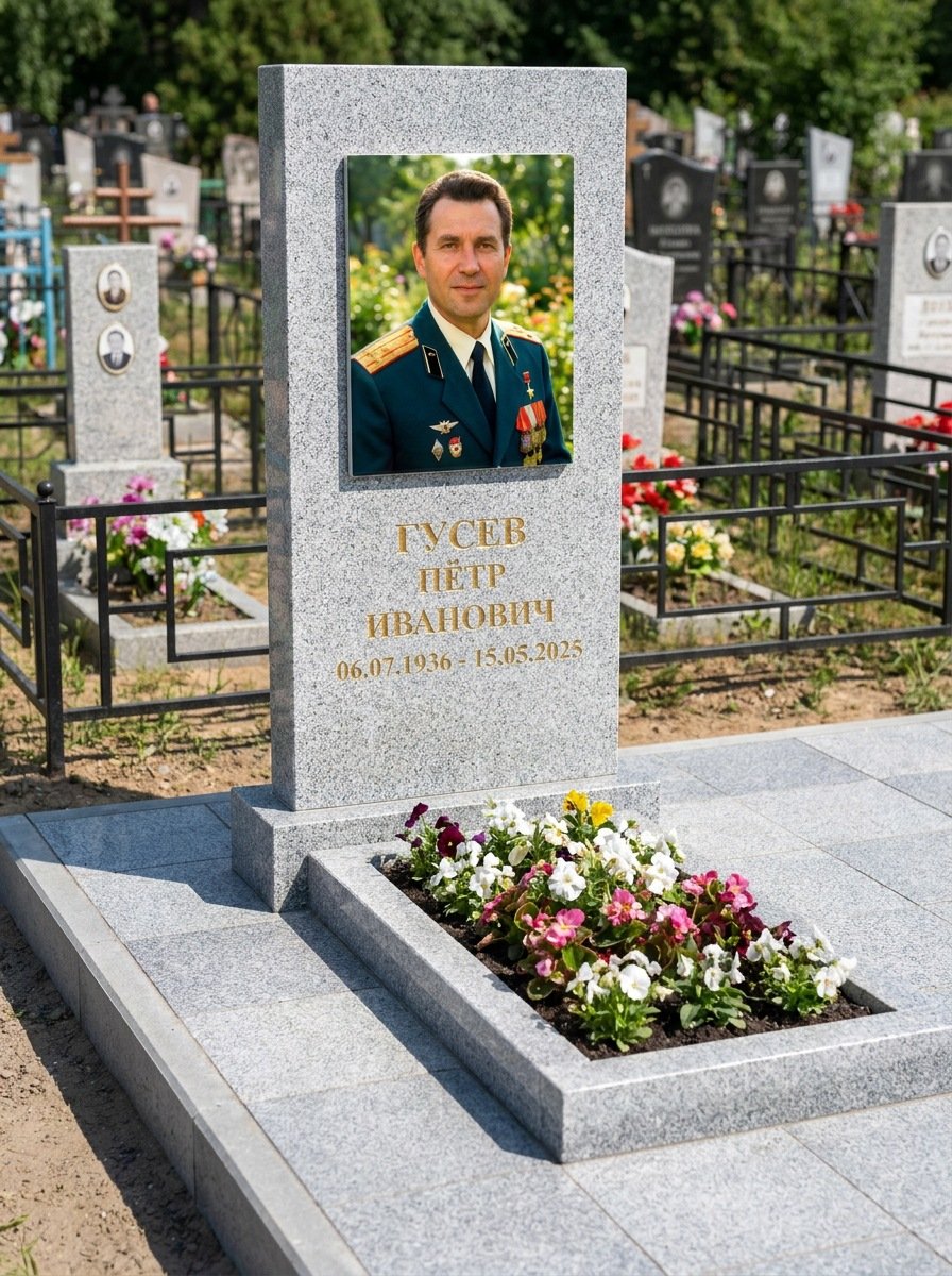 Портрет на памятнике в Челябинске — Прямоугольник на гранитной стеле, ФИО и даты на портрете